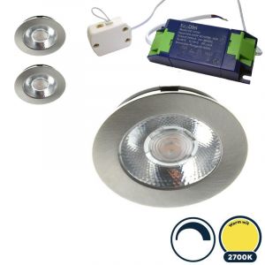 3x Led meubelspot dimbaar, ondiepe inbouw, IP54, warm wit, RVS/nikkel, incl. trafo