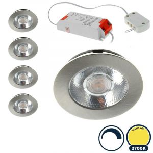 5x Led meubelspot dimbaar, ondiepe inbouw, IP54, warm wit, RVS/nikkel, incl. trafo