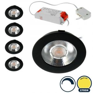 5x Led meubelspot dimbaar, ondiepe inbouw, IP54, warm wit, zwart, incl. trafo