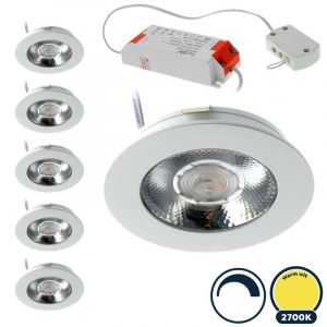 6x Led meubelspot dimbaar, ondiepe inbouw, IP54, warm wit, wit, incl. trafo